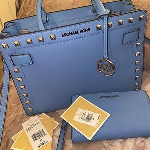 French blue Michael kors studded purse and wallet wristlet